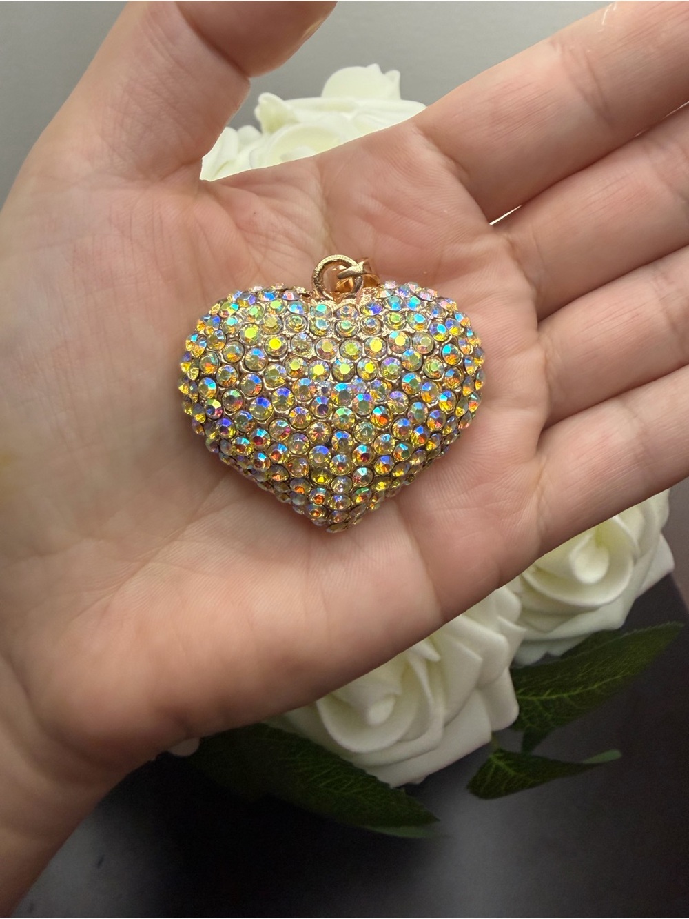 Gold Heart Pendant  with Iridescent Crystals